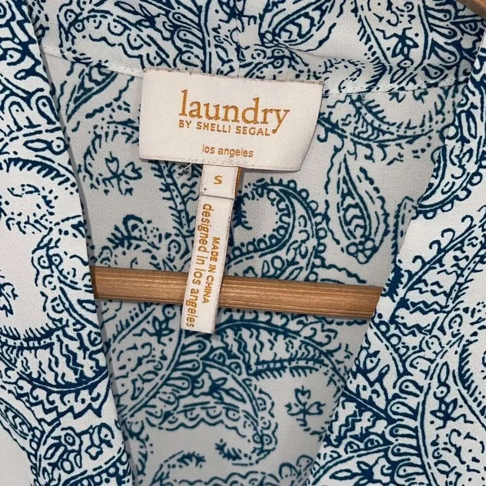 Laundry Shelli Segal Womens Paisley Blouse Top Button Up Blue Blue White Small‎